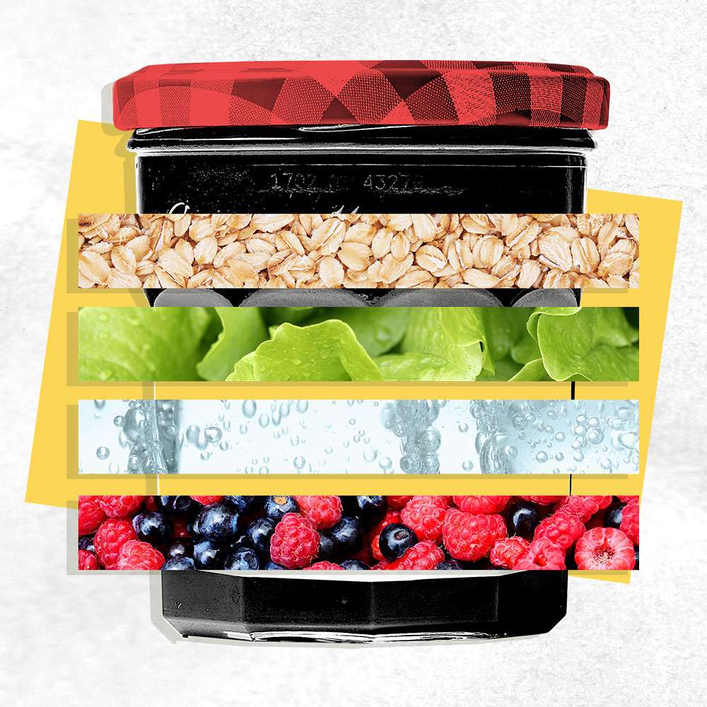 A jam jar with images of oats, lettuce, seltzer and berries on top of it.