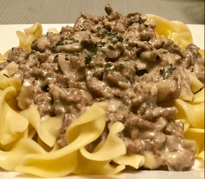 beef stroganoff on a white plate
