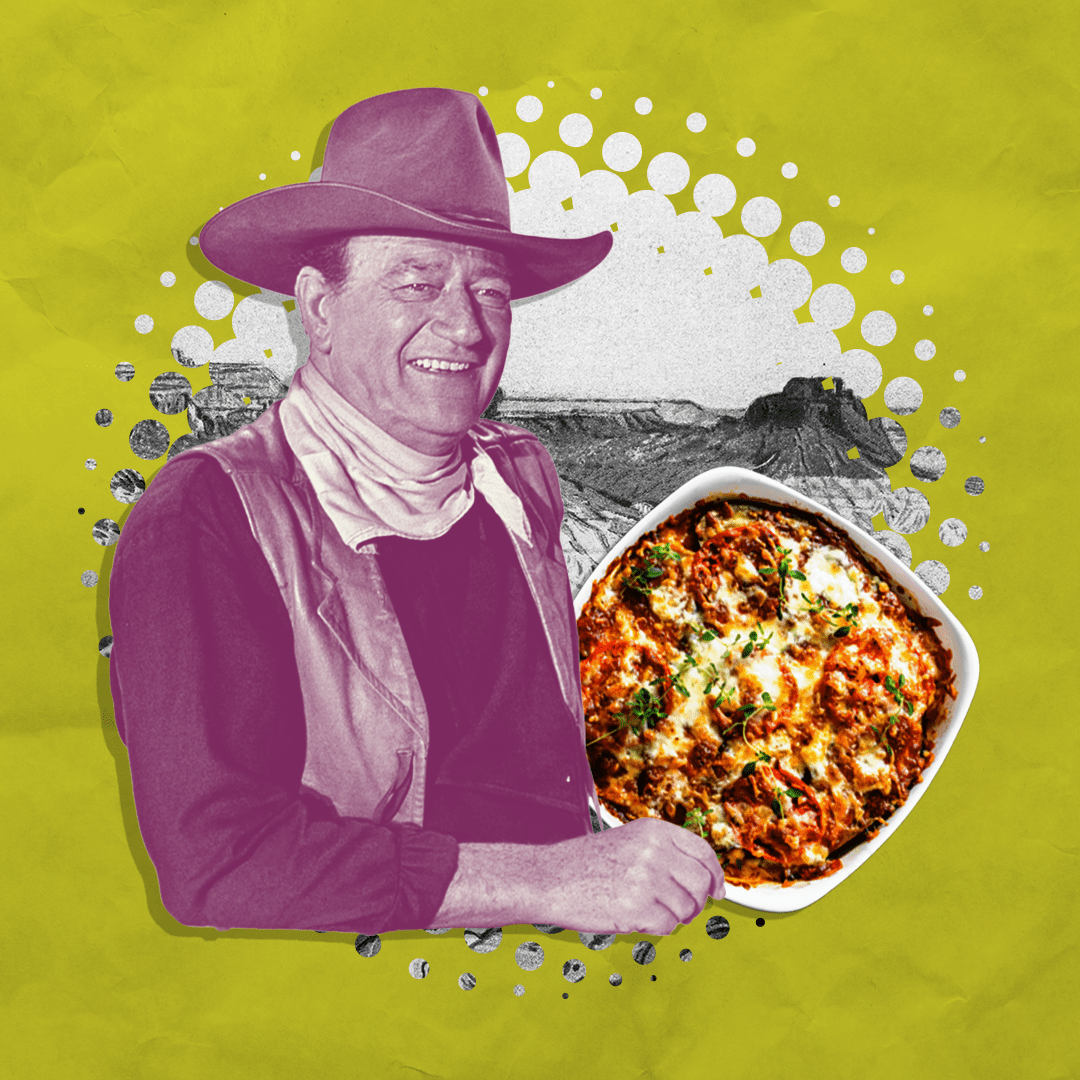 Actor John Wayne with a john wayne casserole dish next to him