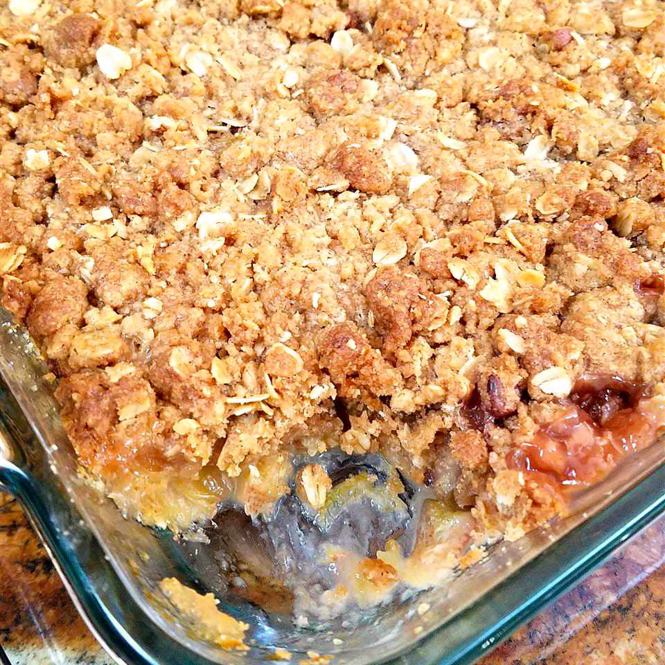 close up view of Rhubarb Crunch in a glass baking dish