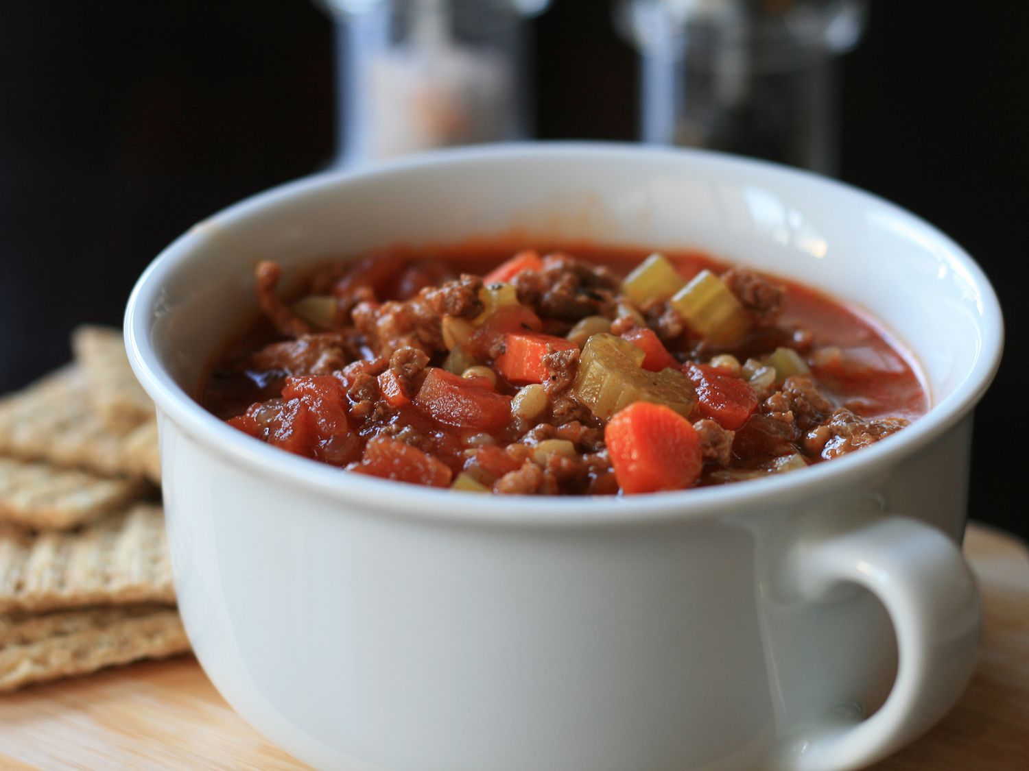 close up view of Hamburger Soup in a white bowl