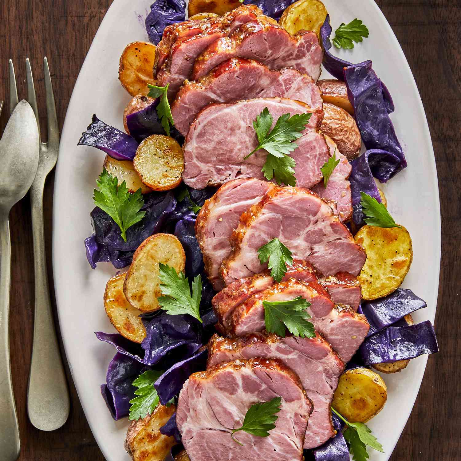 Spiced Honey Mustard Cottage Ham with Purple Cabbage