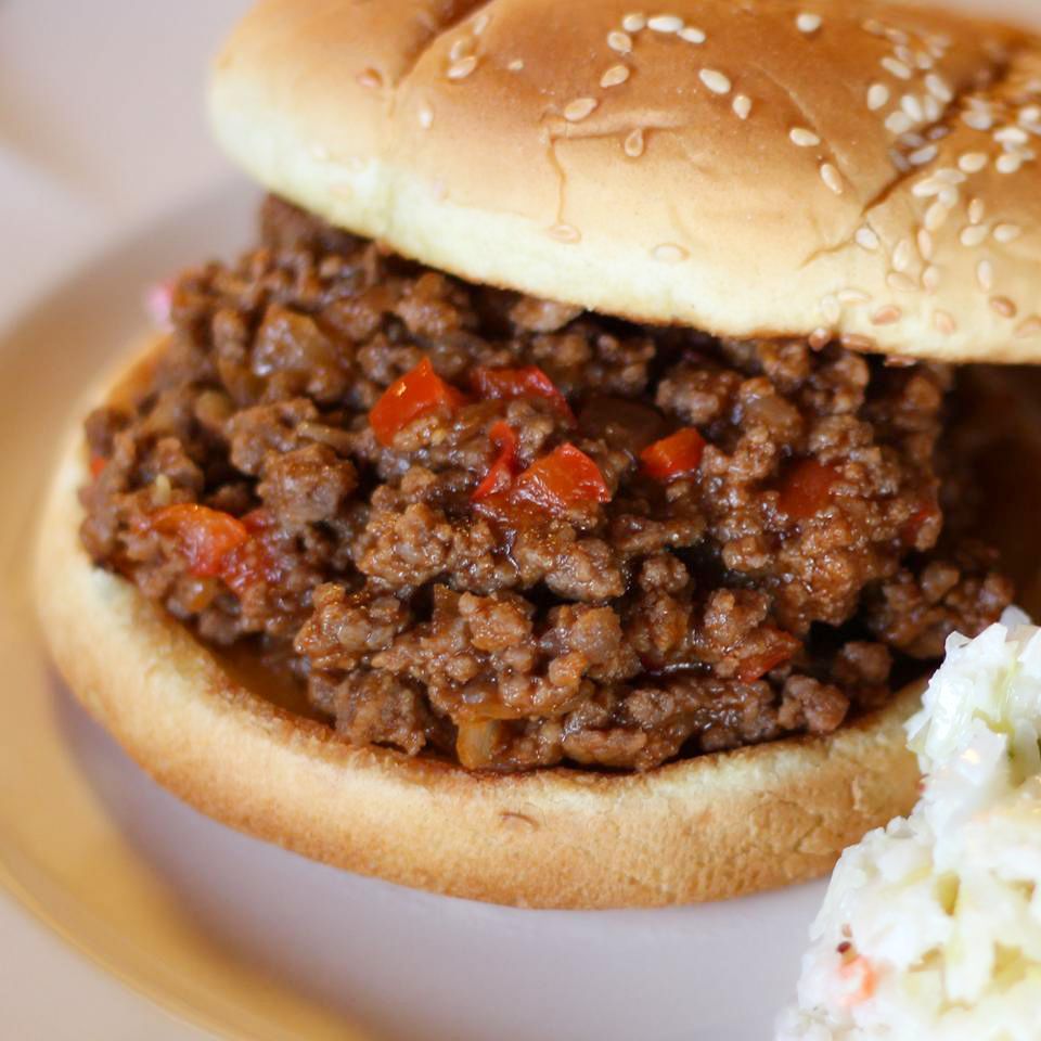 close up view of a Sloppy Joe on a white plate