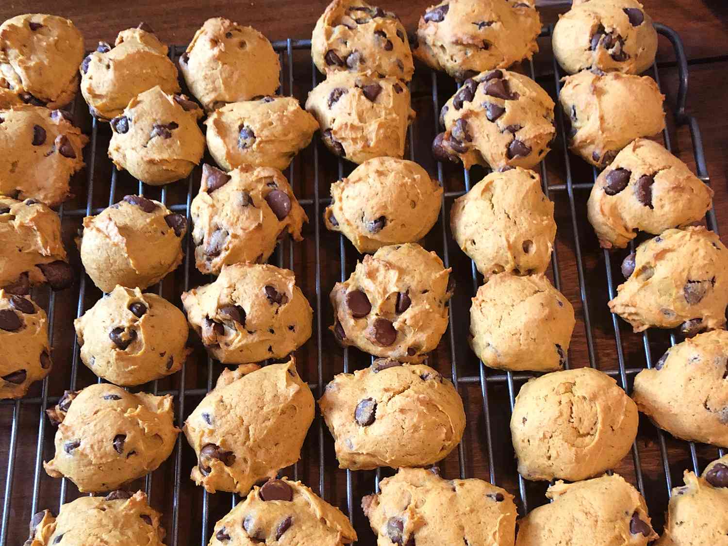 close up view of Pumpkin Chocolate Chip Cookies on a cooling rack