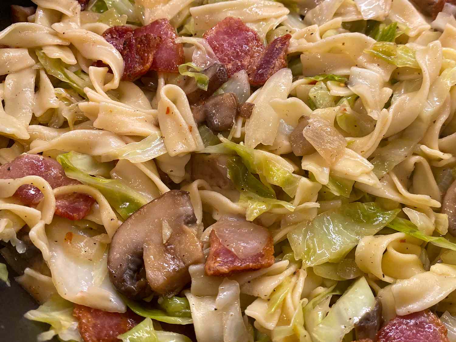 close up view of Cabbage and Noodles with mushrooms and bacon