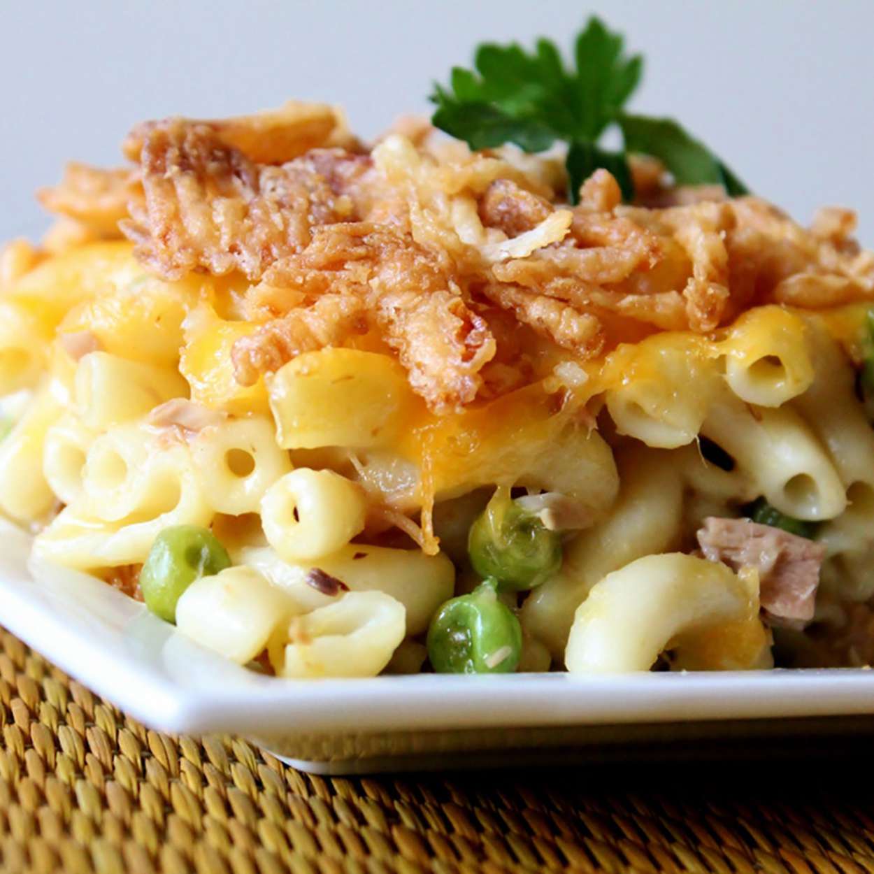serving of easy tuna casserole on white square plate