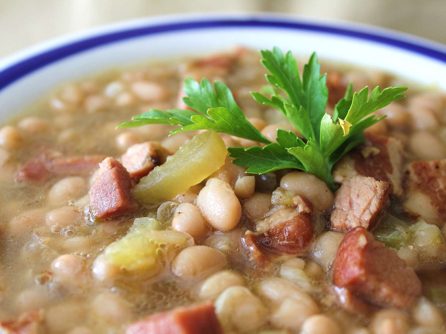 close up view of a Ham and Beans soup garnished with fresh herbs in a bowl