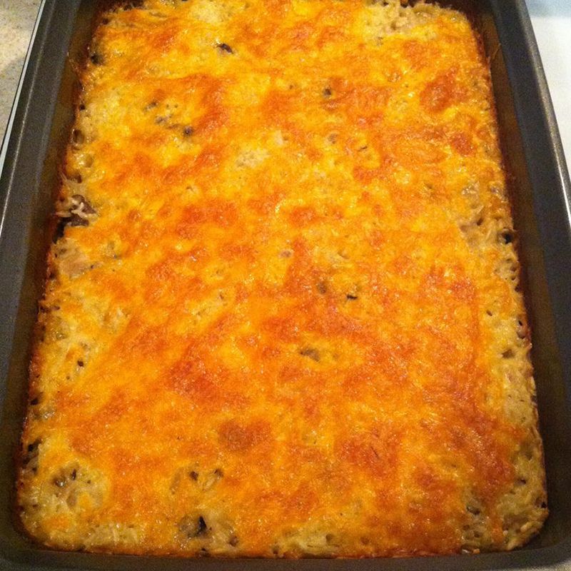 close up view of Chicken Rice Casserole in a baking pan