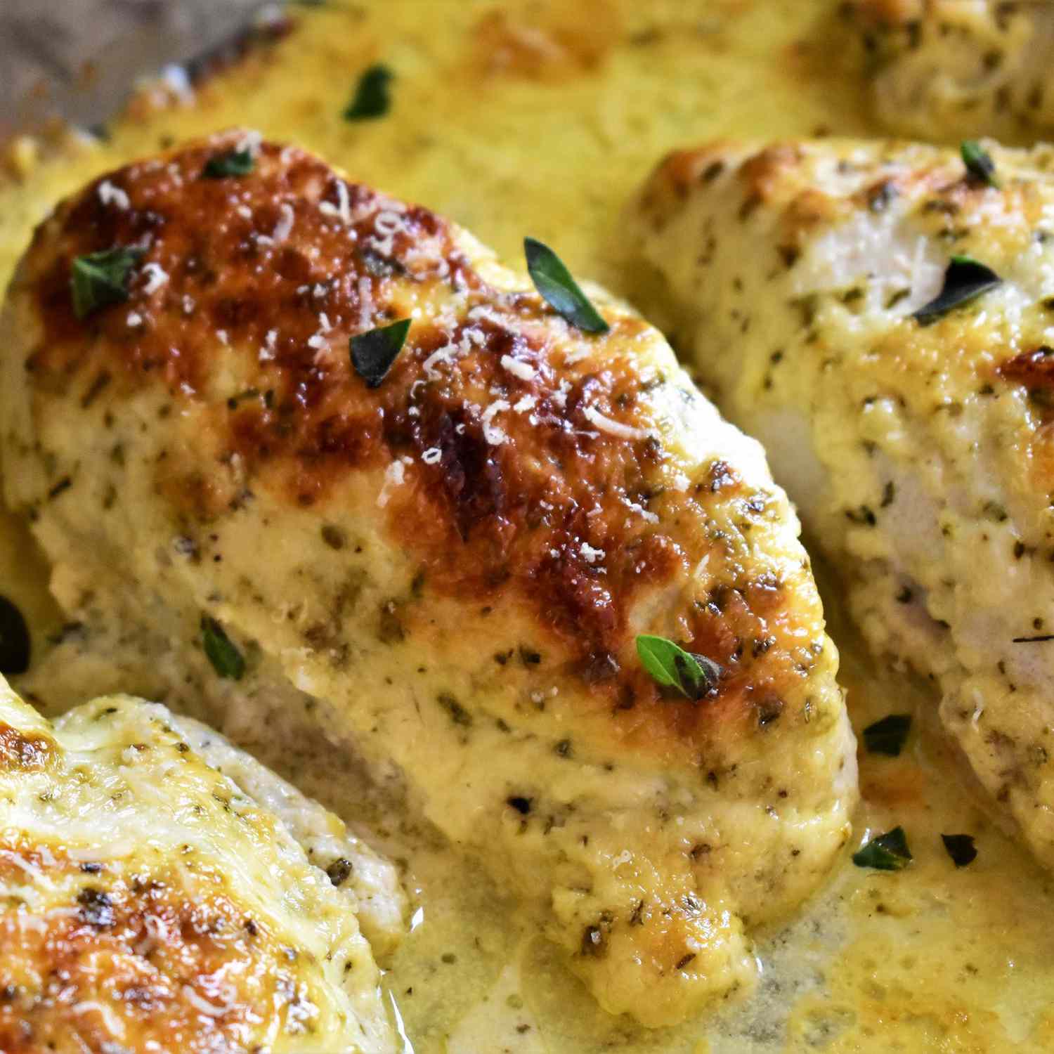 close up view of Creamy Baked Asiago Chicken Breasts in a pan