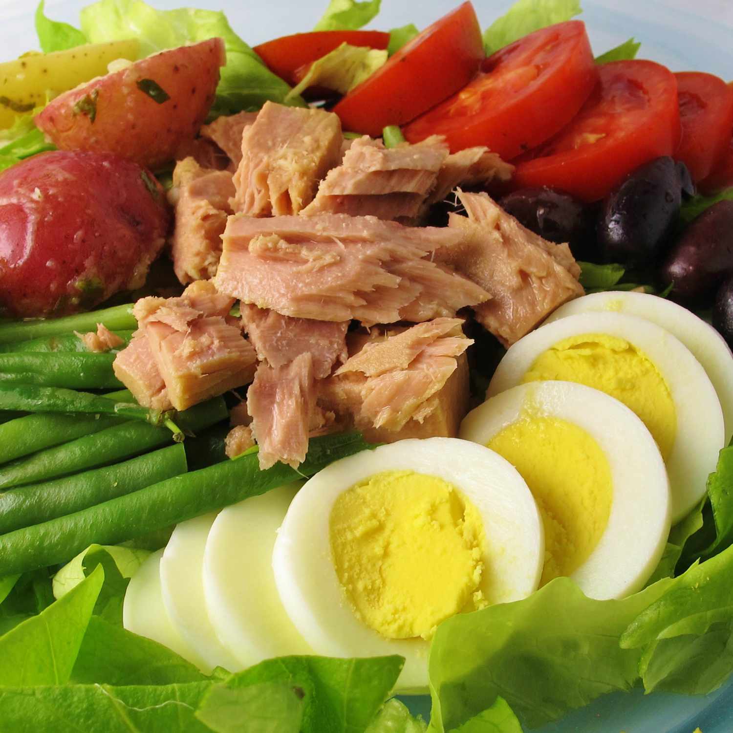 close up view of Salad Nicoise, with tuna, eggs, potatoes, tomatoes, lettuce, olives and green beans
