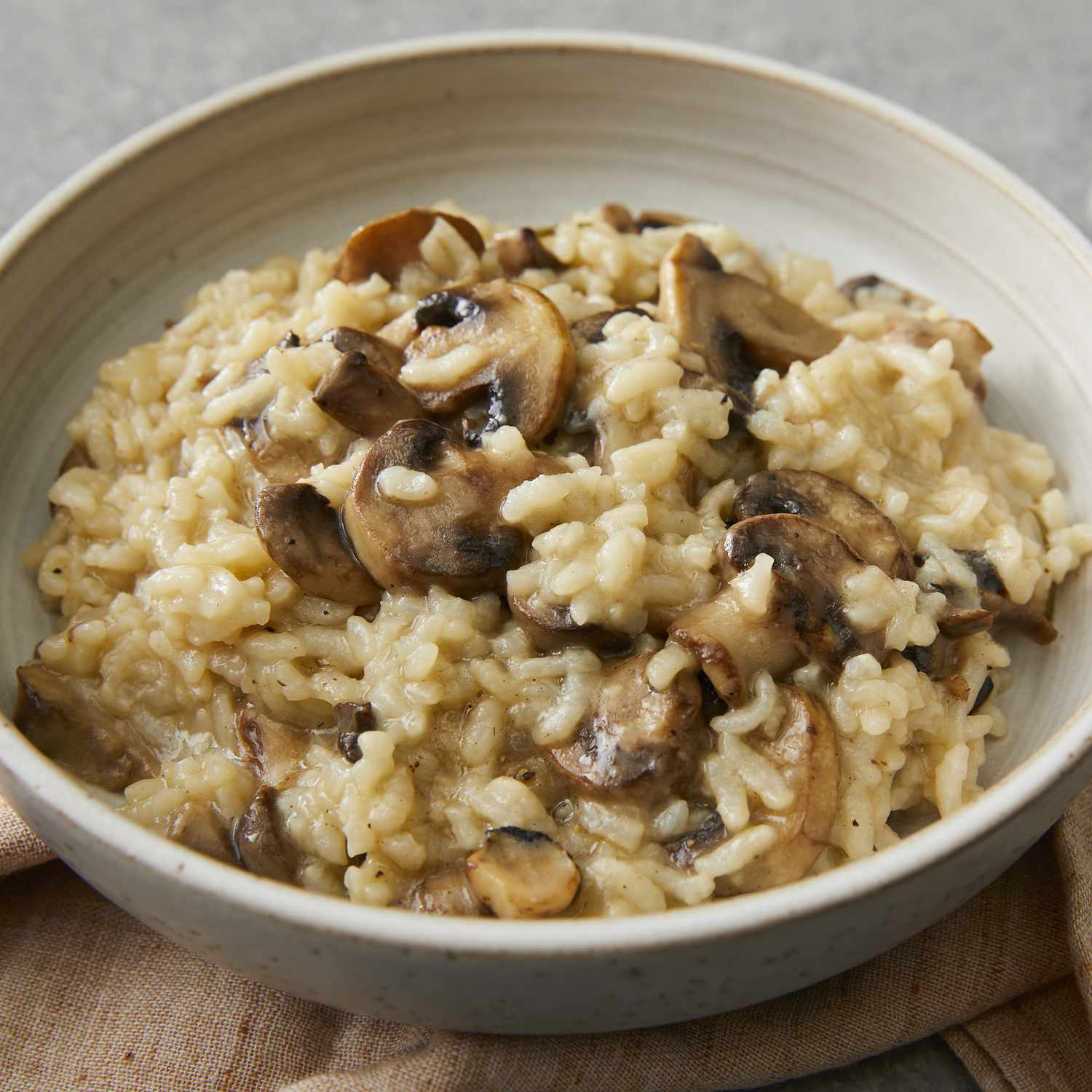 high angle looking into a bowl of mushroom risotto