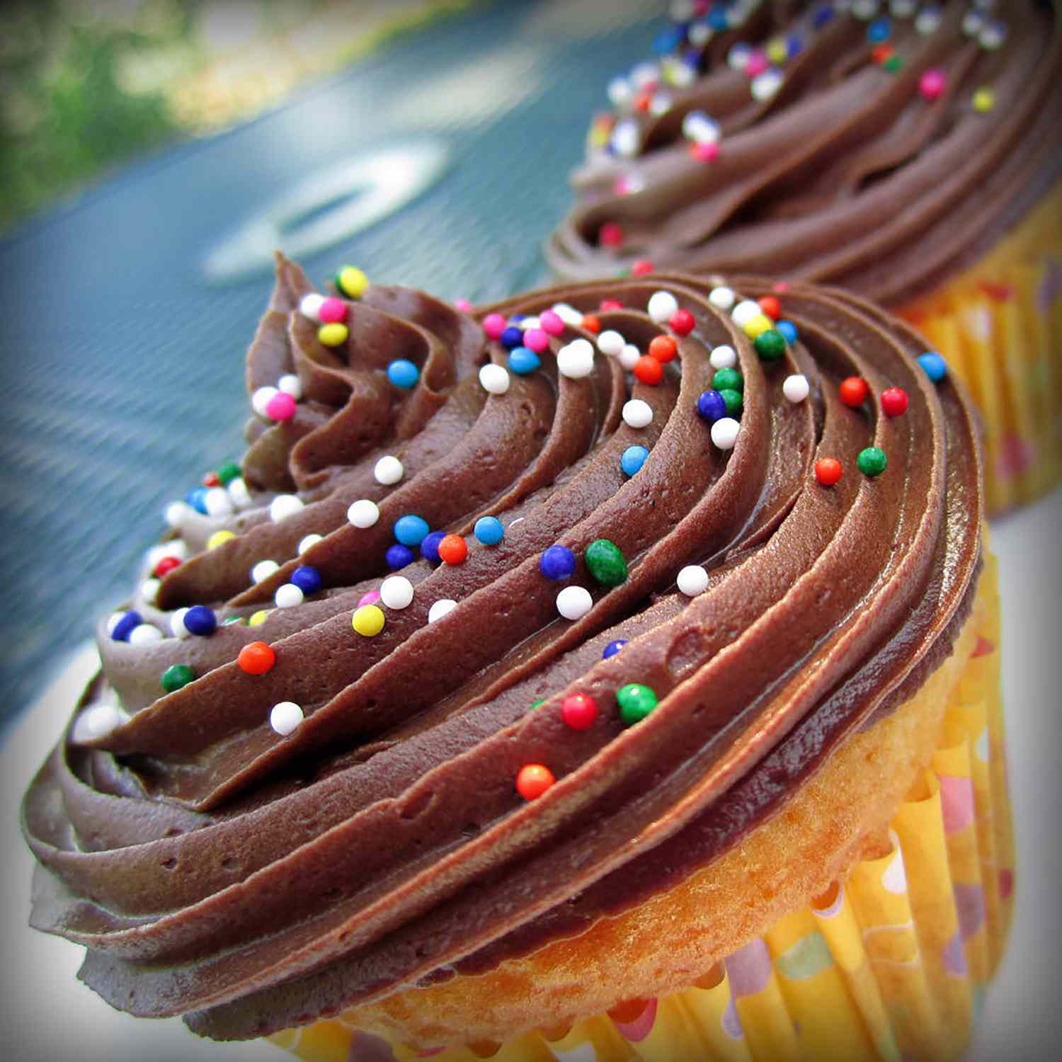 swirl frosted cupcake with chocolate frosting and sprinkles