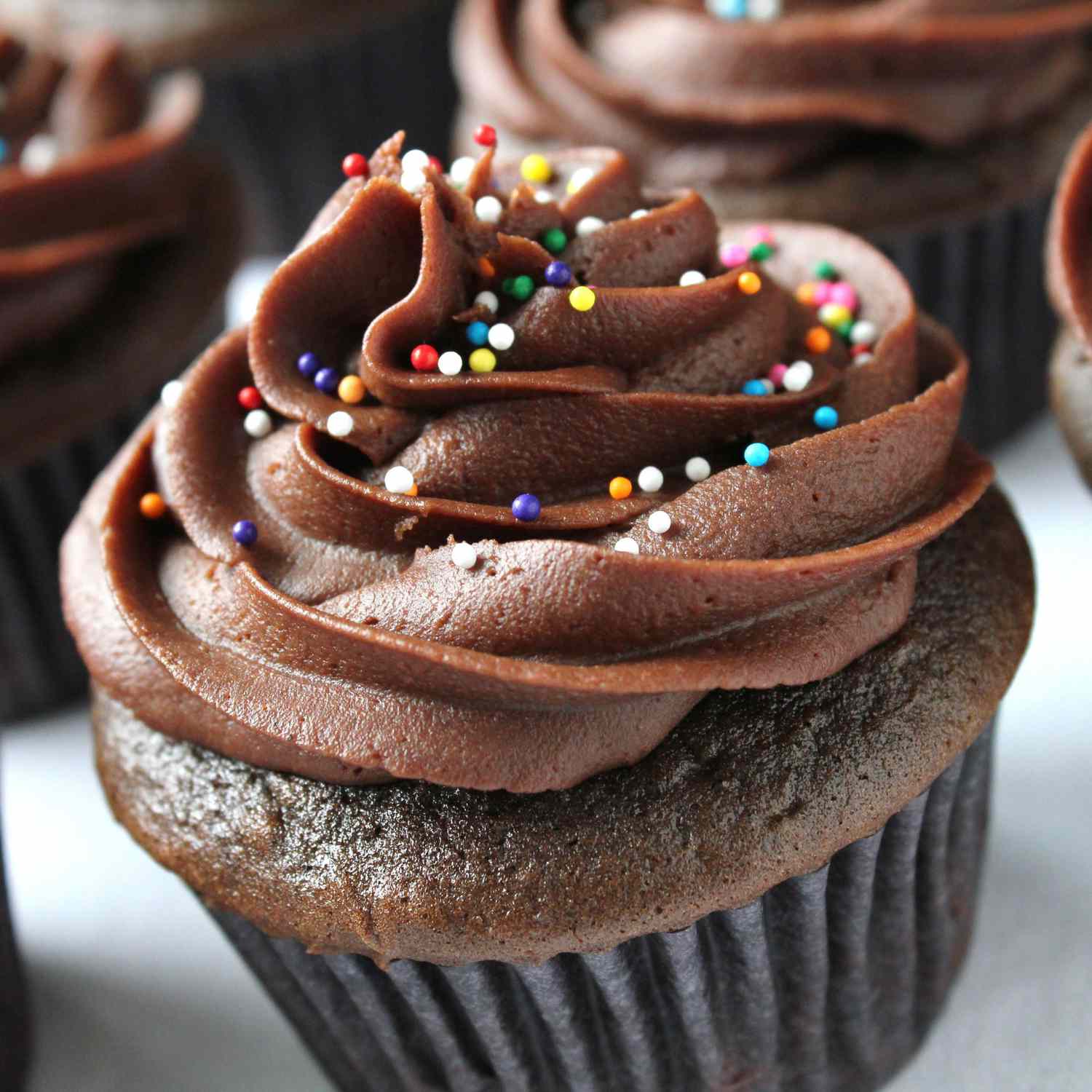 chocolate fudge frosting on a chocolate cupcake, with multi-colored sprinkles