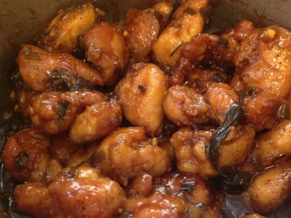 close up view of General Tso's Chicken in a pot