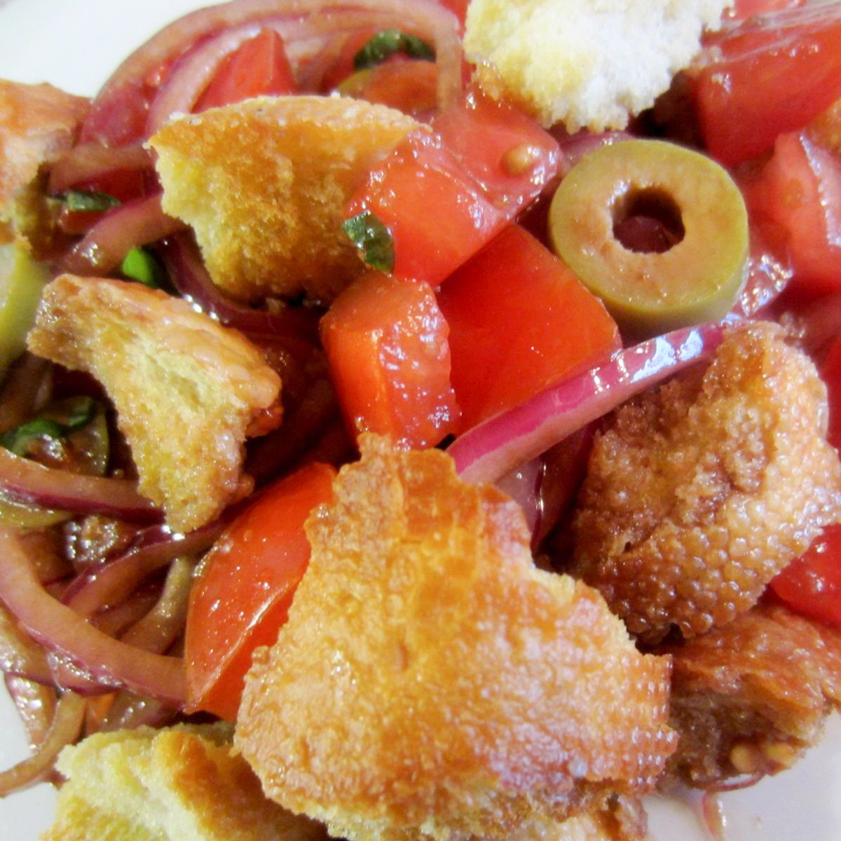 close up view of Panzanella Salad in a white bowl