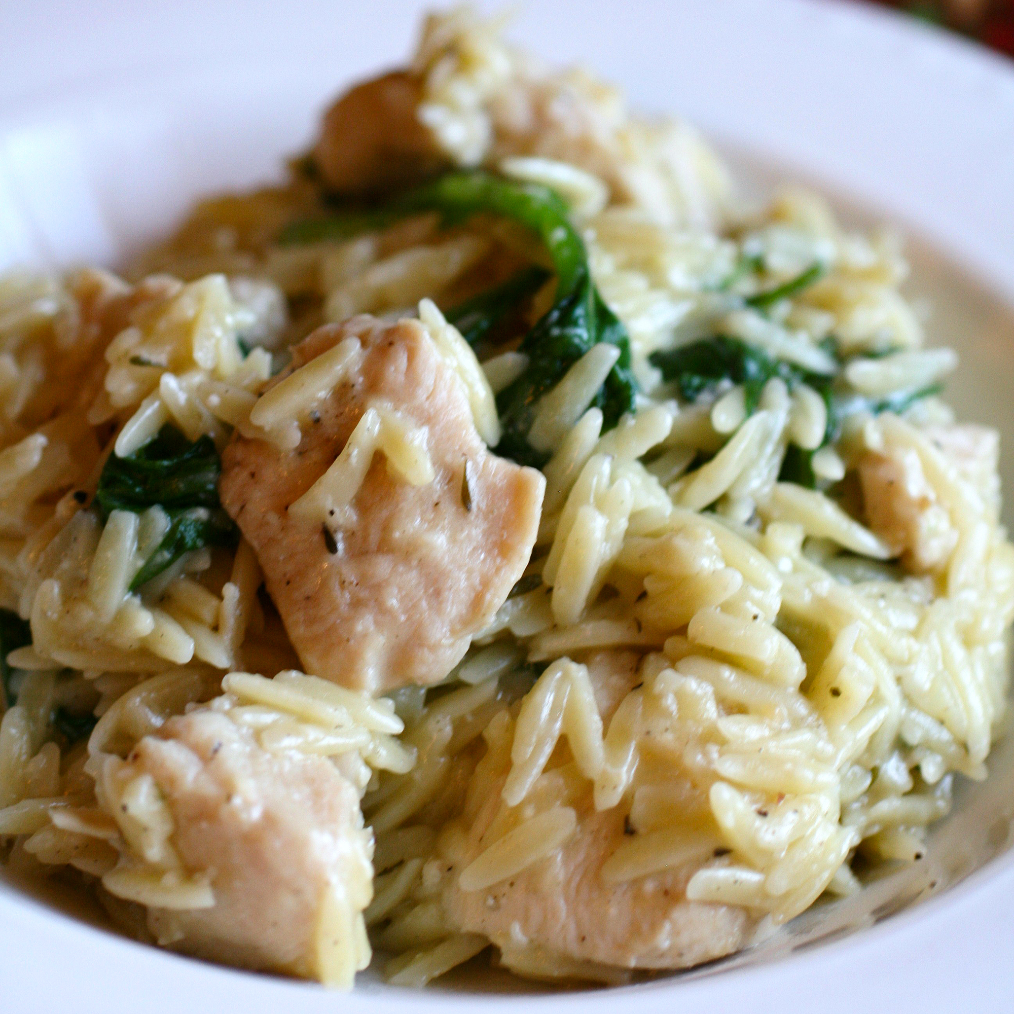 close up view of Garlic Chicken with Orzo Noodles in a white bowl