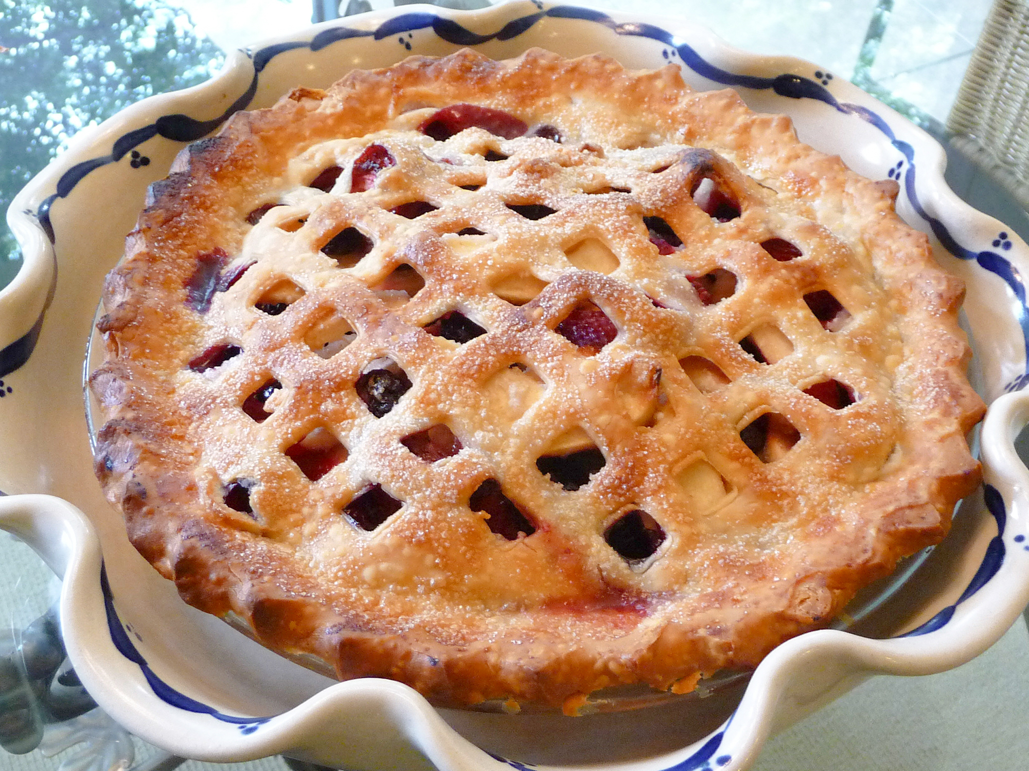 close up view of Apple-Berry Pie in a pie pan