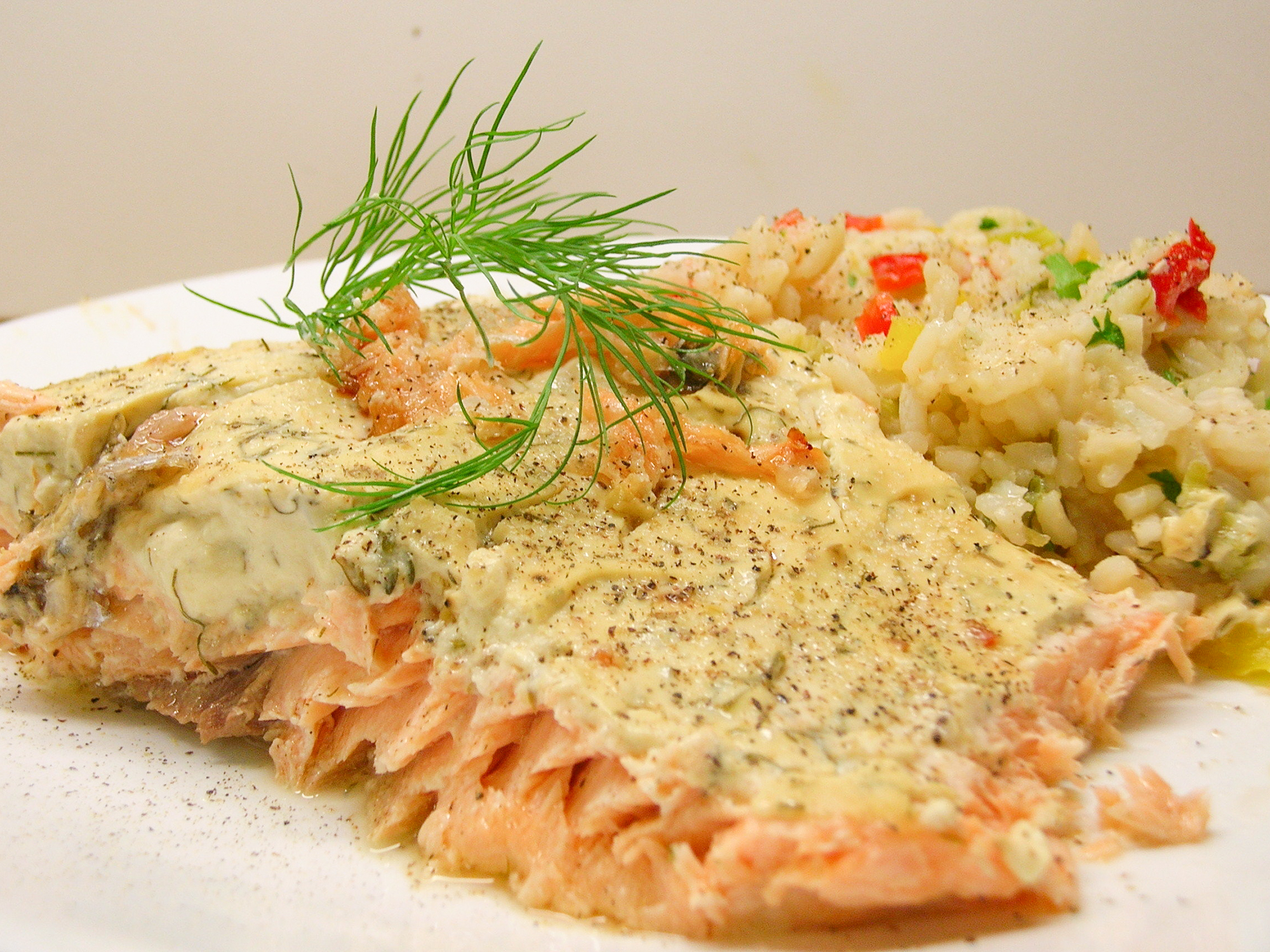 close up view of a Salmon Fillet with Creamy Dill garnished with fresh dill served with rice on a white plate