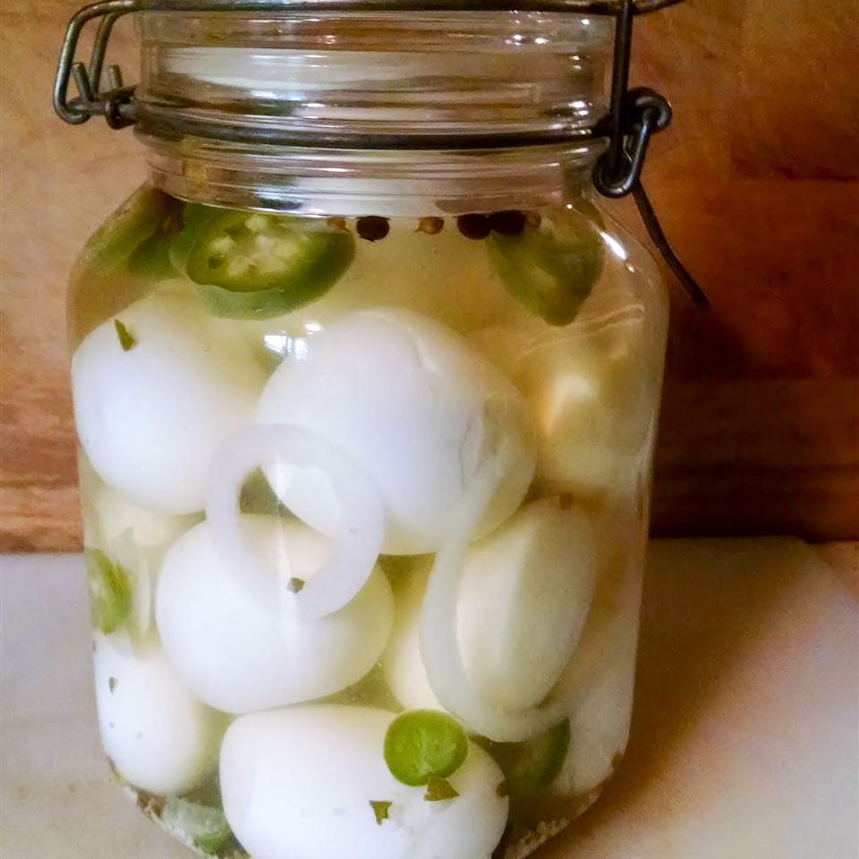 close up view of Pickled Eggs in a glass jar