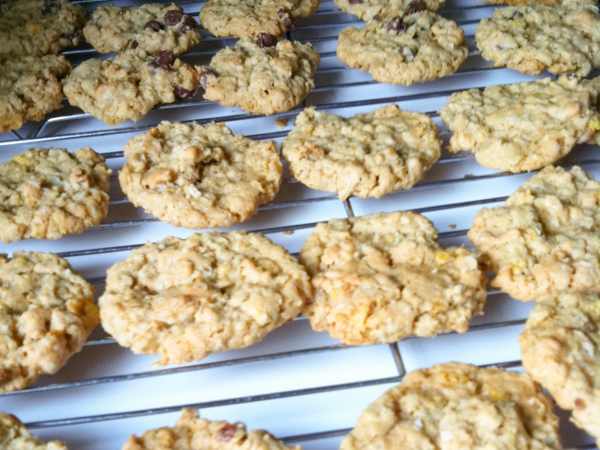 close up view of Ranger Cookies with oats, coconut, and corn flakes on a cooling rack