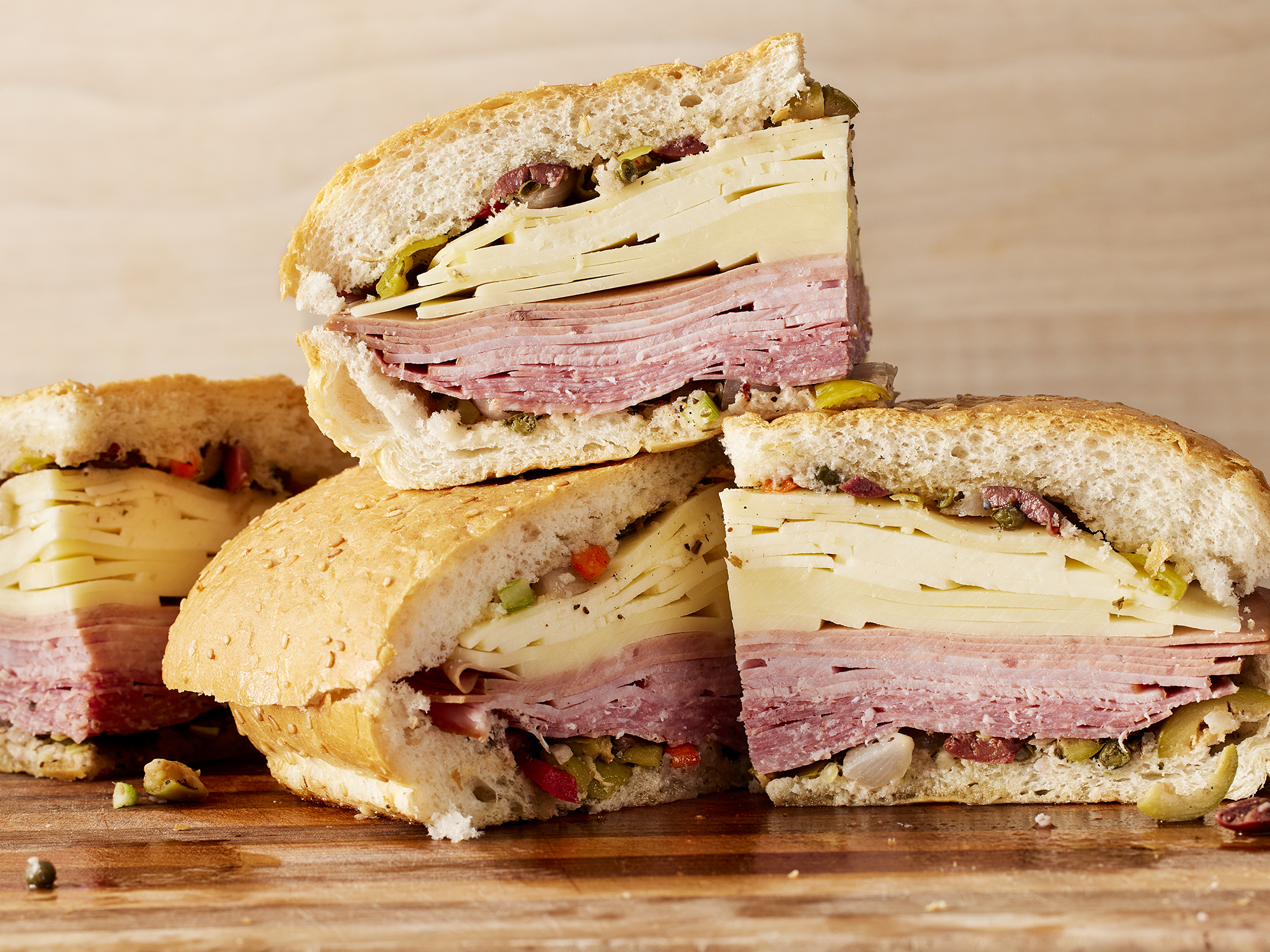 close up on a stack of real n'awlins muffuletta