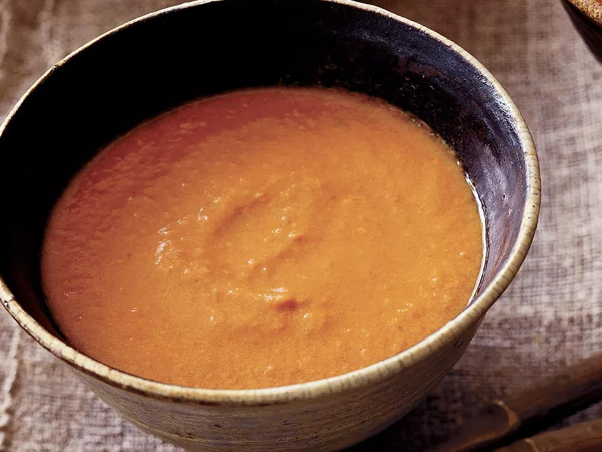 close up view of Creamy Tomato Soup in a bowl