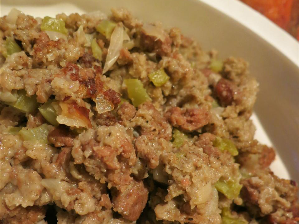 close up view of Bread Stuffing with celery in a bowl