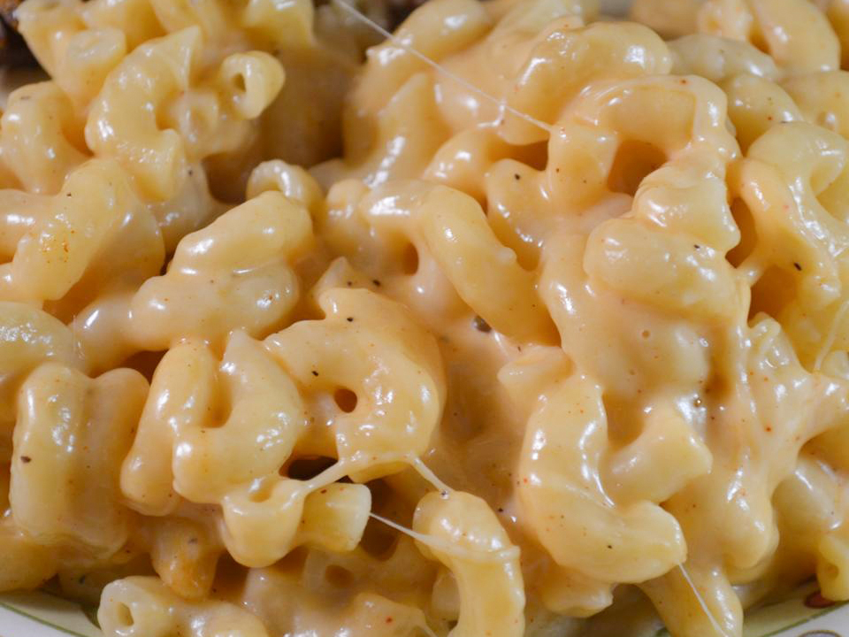 close up view of extra cheesy mac and cheese