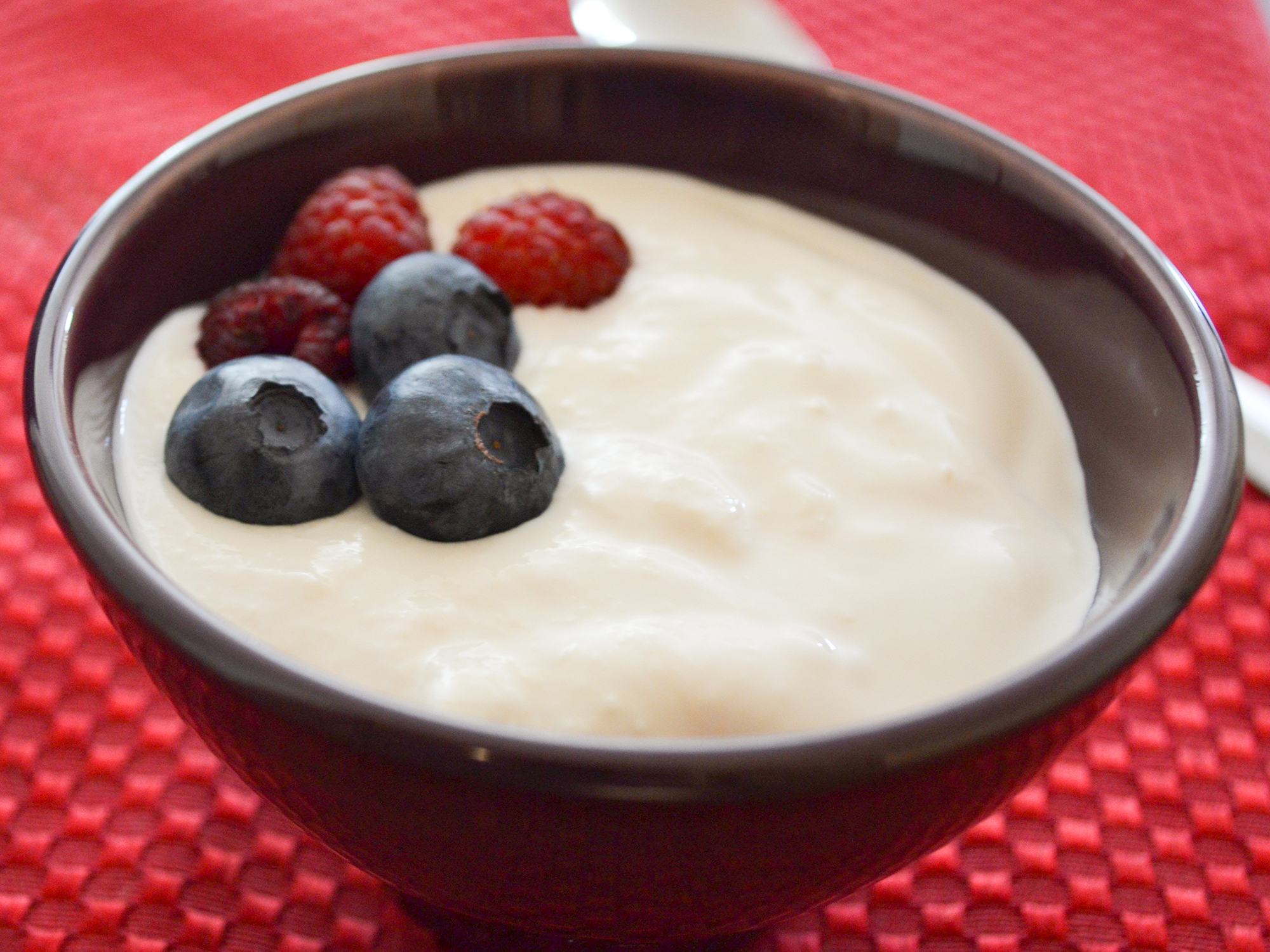close up view of Yogurt garnished with blueberries and raspberries in a black bowl