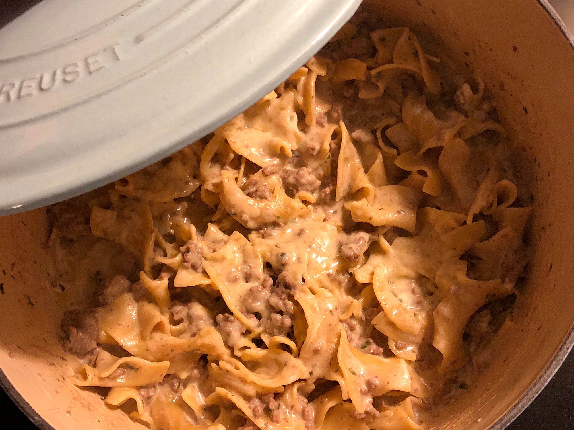 close up view of One-Pot Ground Beef Stroganoff in a Dutch oven