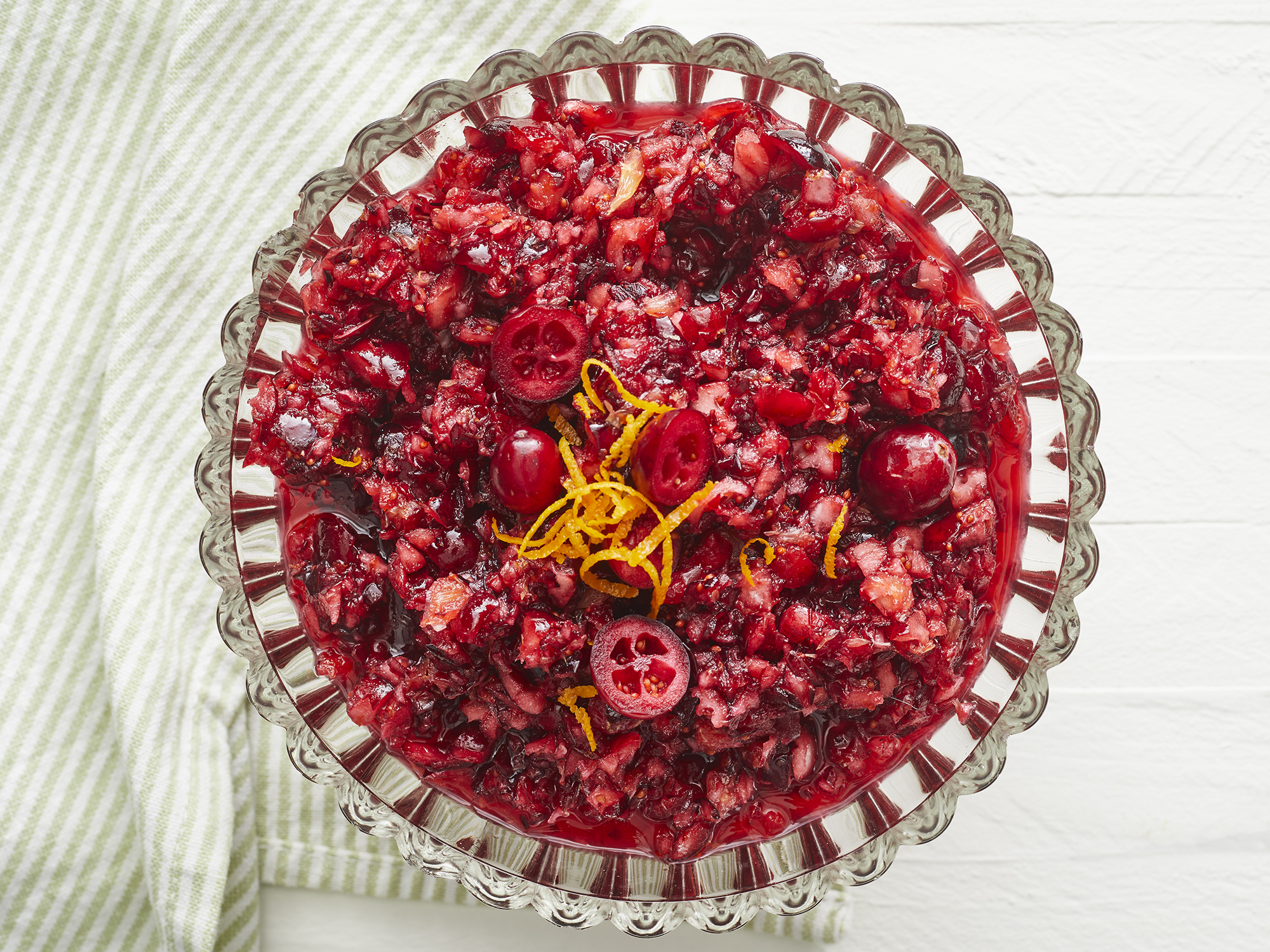 looking down at a large bowl of cranberry orange relish