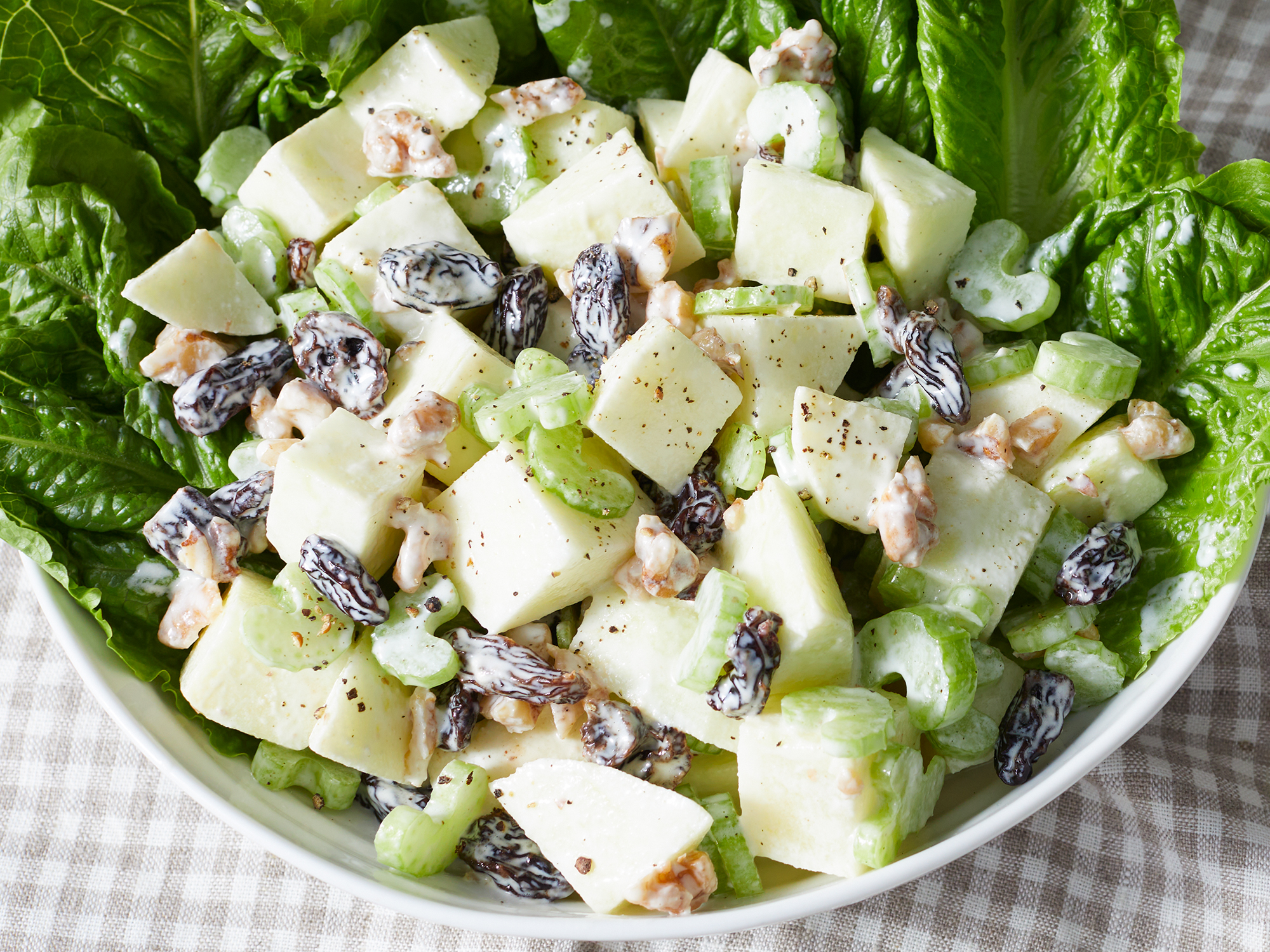 close up on a large bowl of waldorf salad