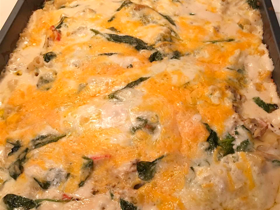 close up view of Maine Lobster Lasagna in a baking pan
