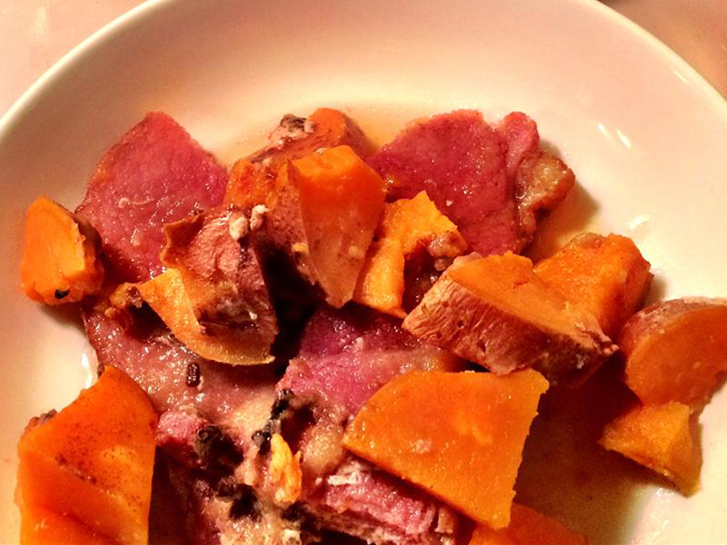 close up view of Ham with Sweet Potatoes in a bowl