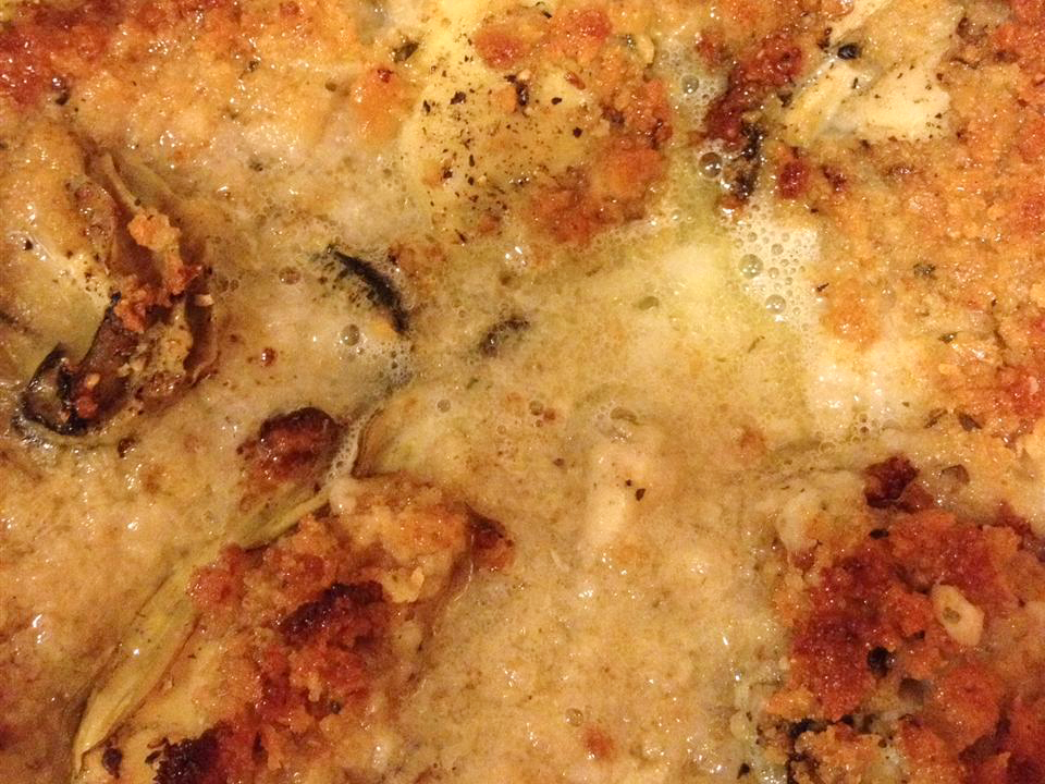 close up view of Scalloped Oysters with a crispy top