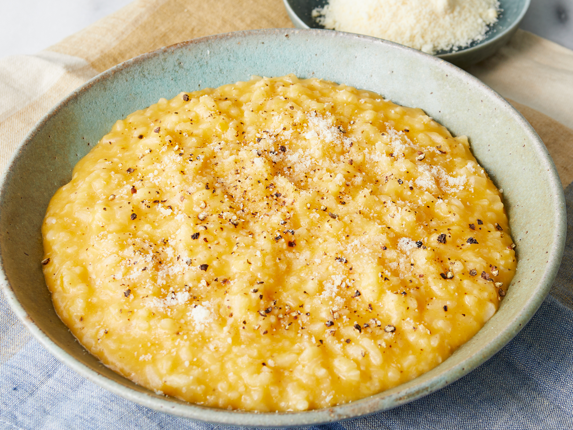 close up on a large bowl of butternut squash risotto