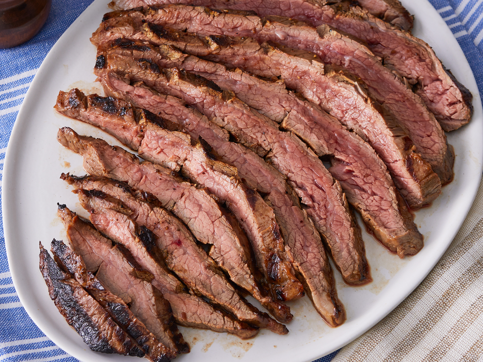 close up on a platter of sliced London broil