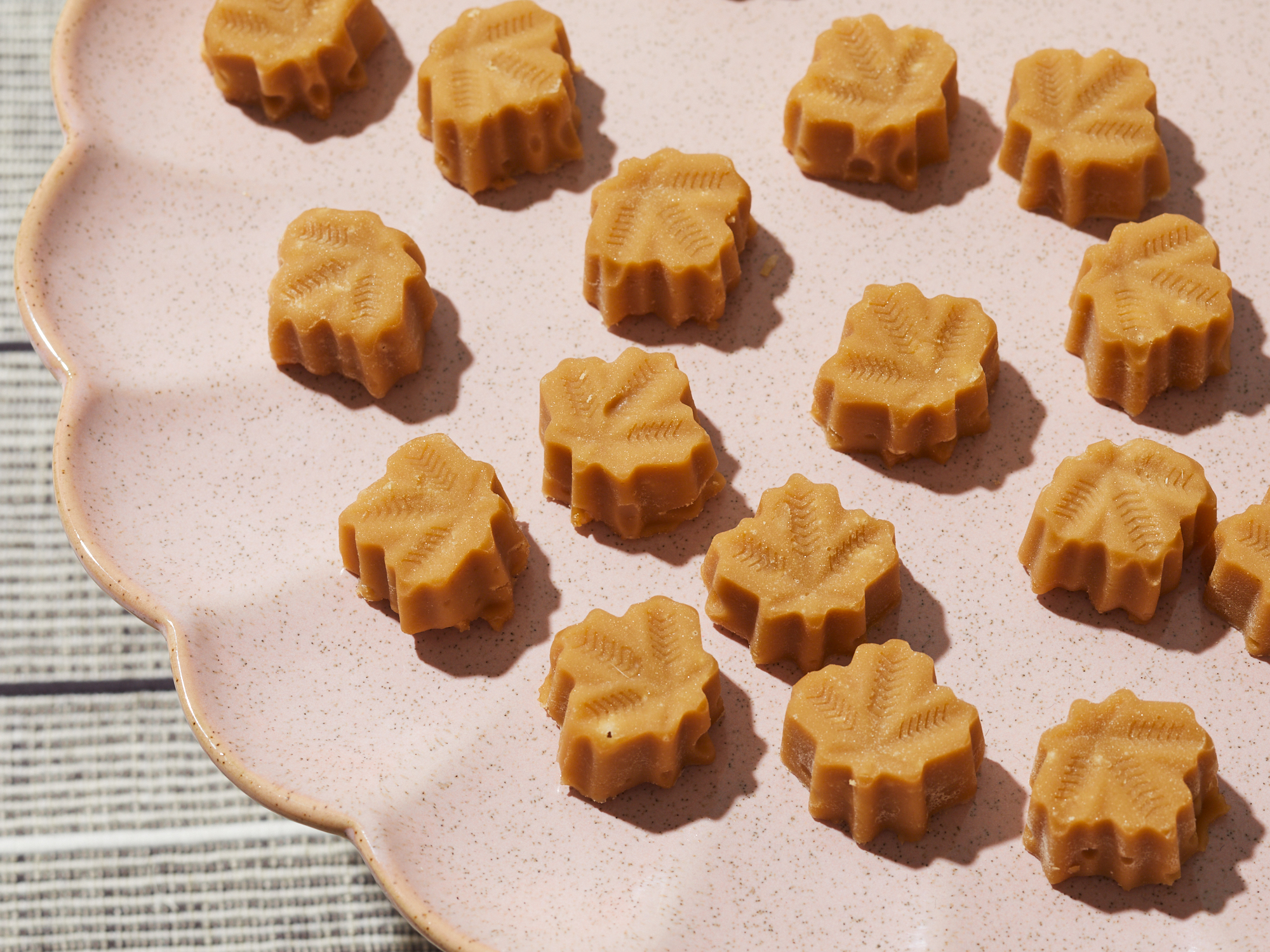 high angle looking at a plate of maple candies