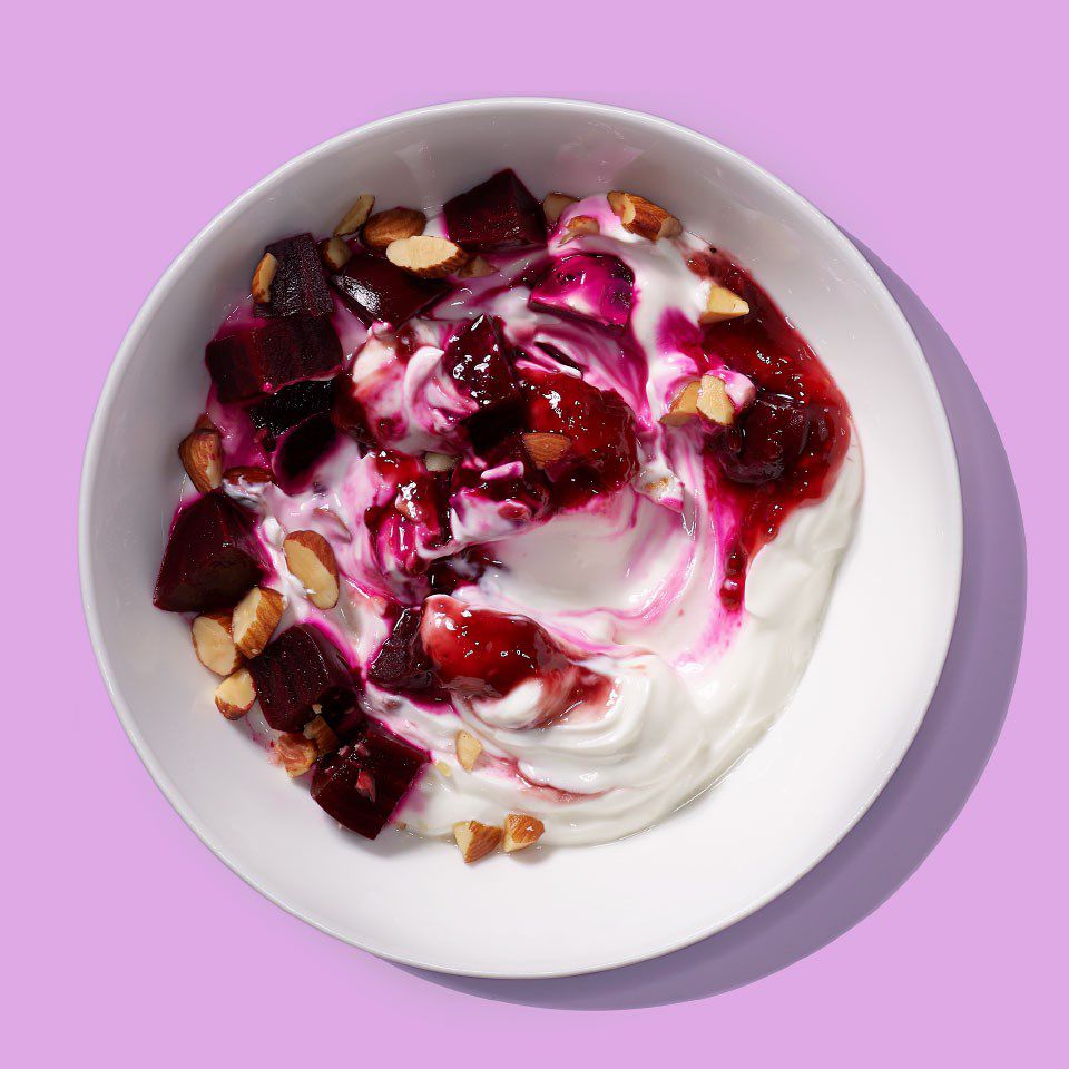 sweet beet-raspberry yogurt in a bowl
