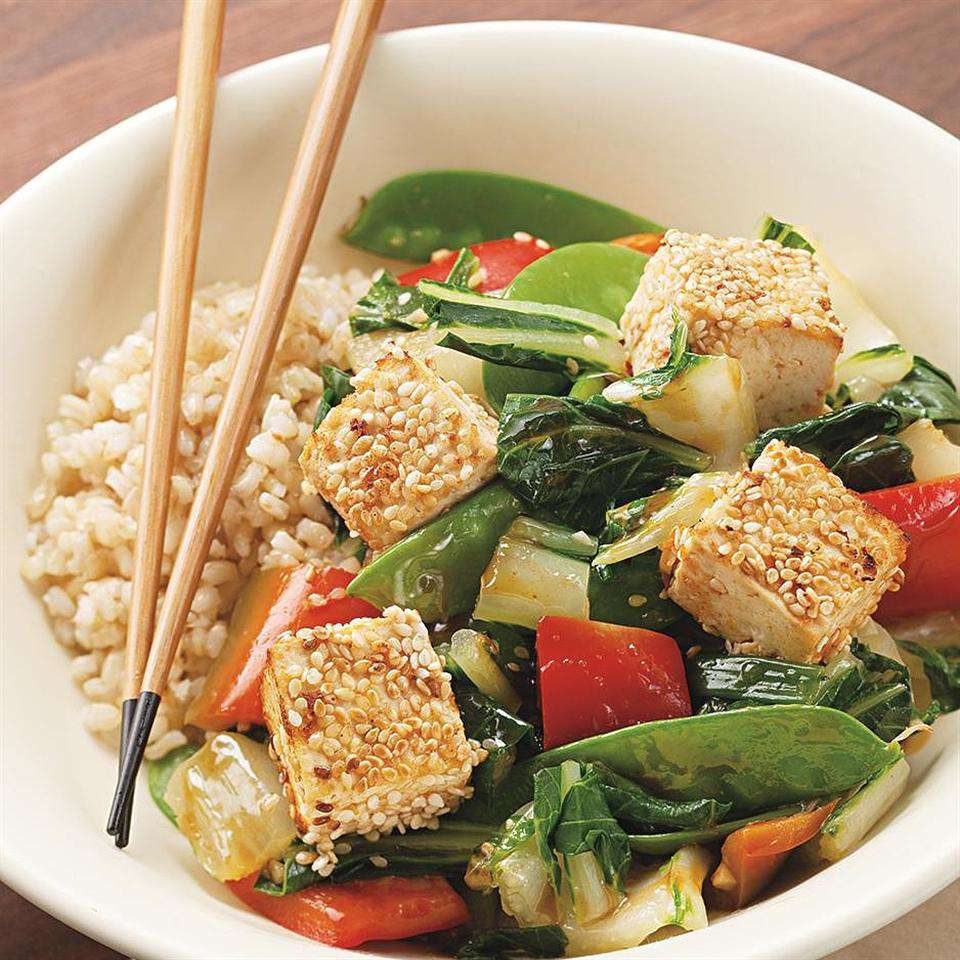 Sesame-Crusted Tofu over Vegetables 