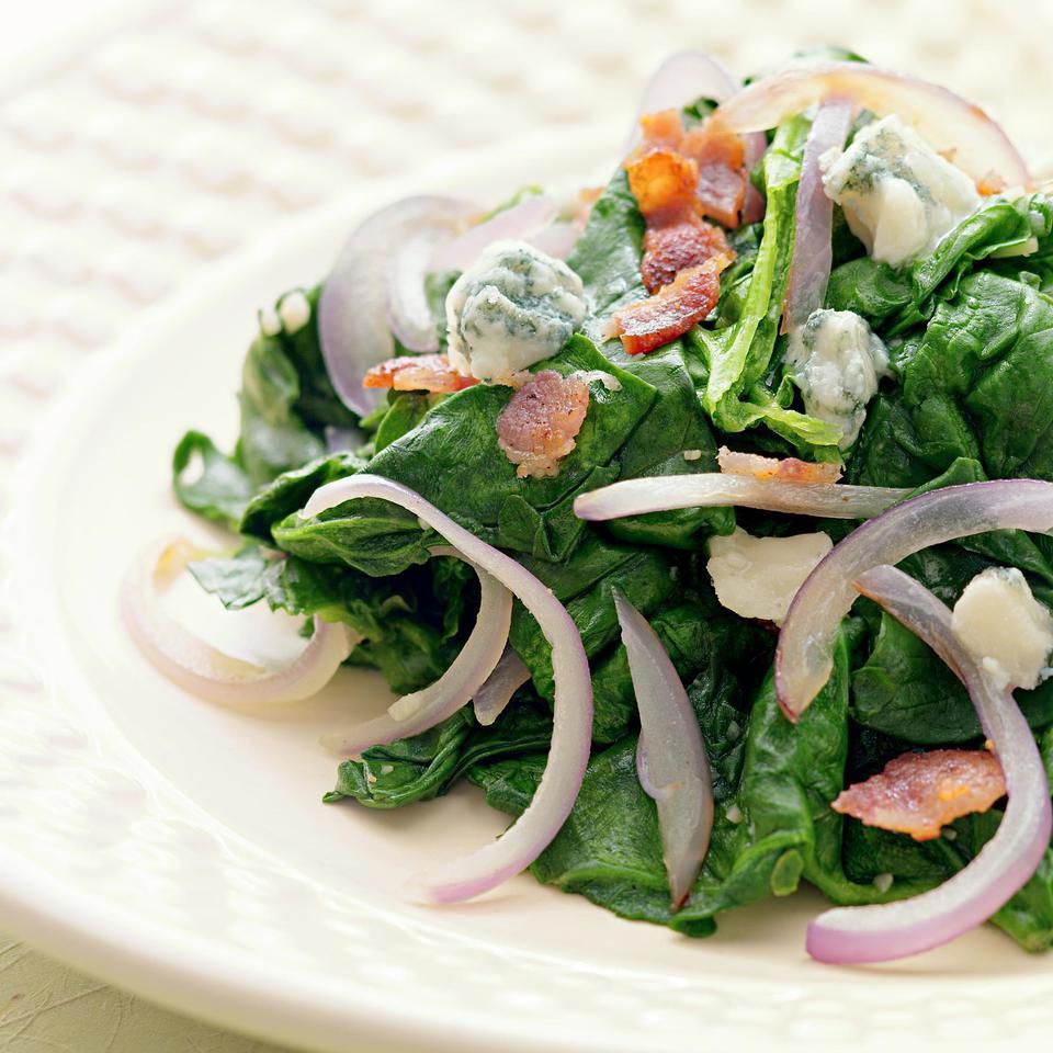 Sauteed Spinach with Red Onion, Bacon & Blue Cheese 