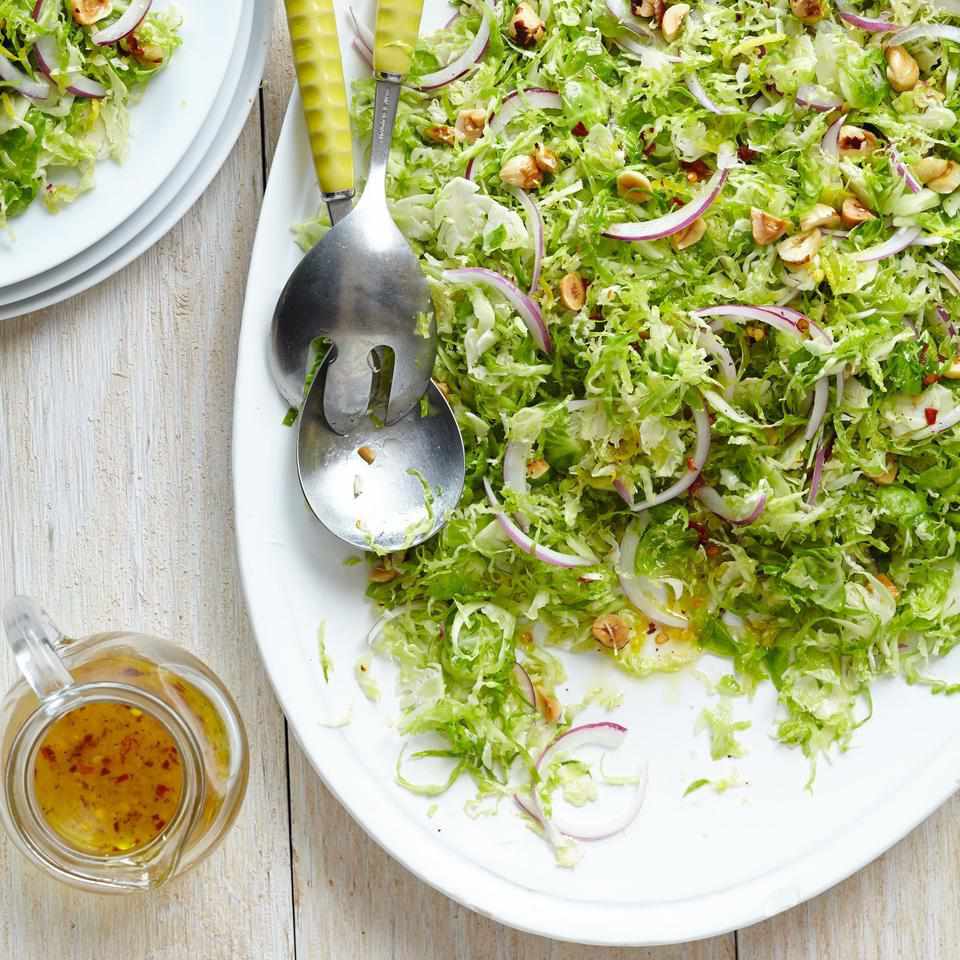 Shaved Brussels Sprouts Salad with Lemon-Chile Vinaigrette & Toasted Hazelnuts