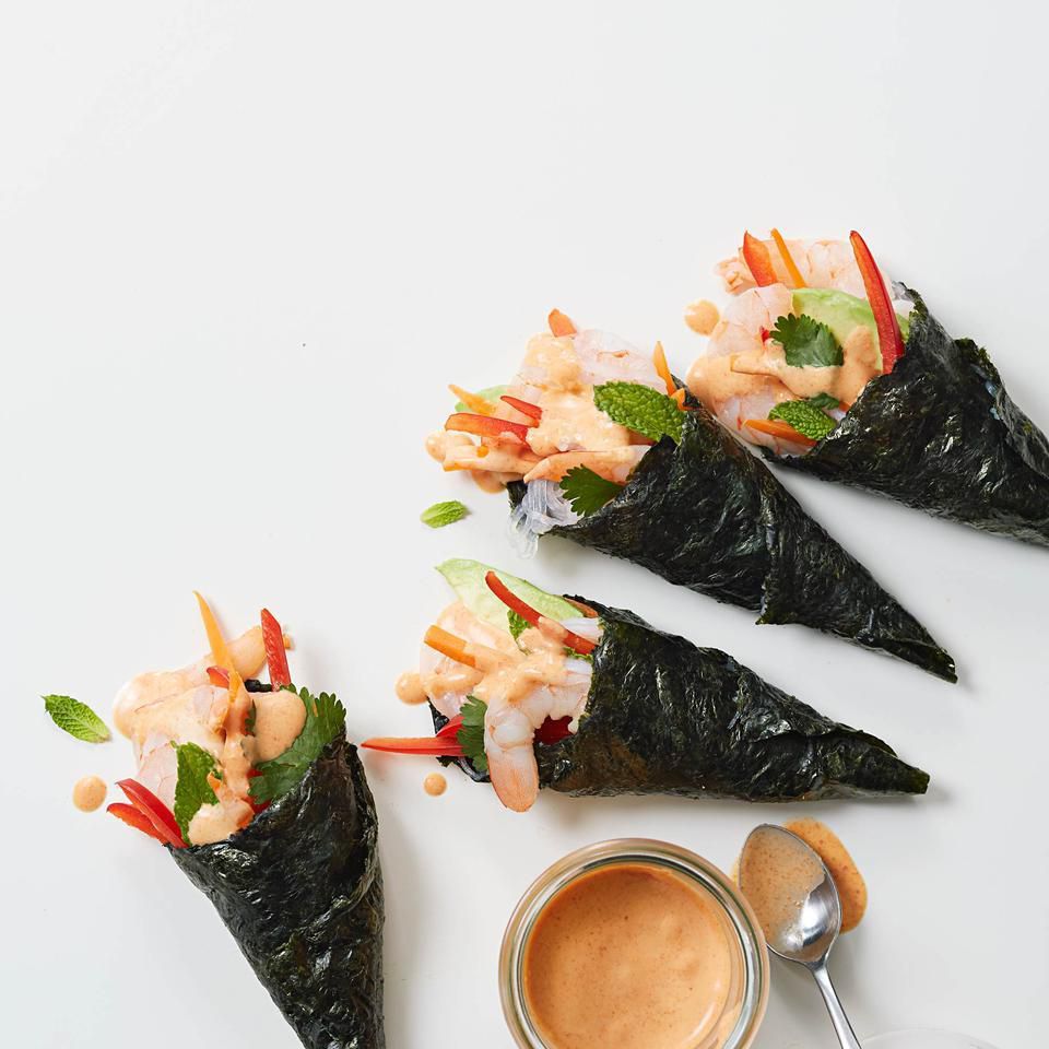 Shrimp Hand Rolls with Coconut-Curry Dipping Sauce