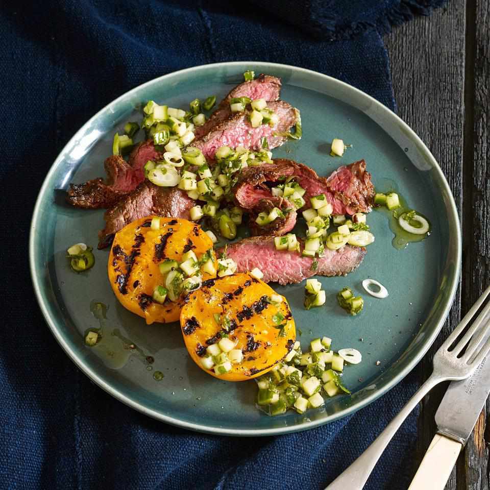 Flank Steak with Grilled Tomatoes & Cucumber Herb Relish 