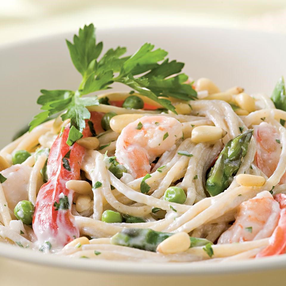 Creamy Garlic Pasta with Shrimp & Vegetables for Two