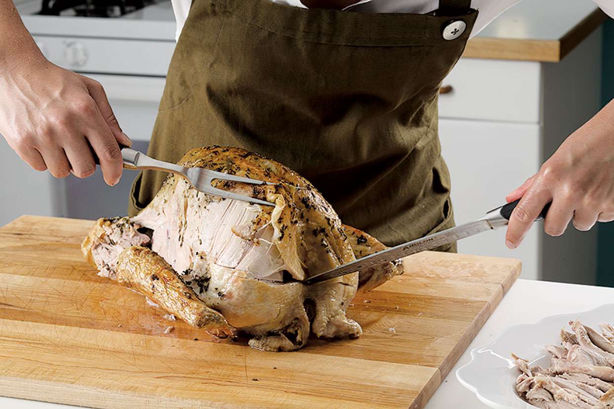 Carving a turkey: removing skin from breast