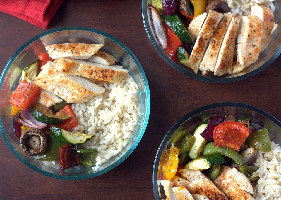 chicken roast vegetable and rice bowls
