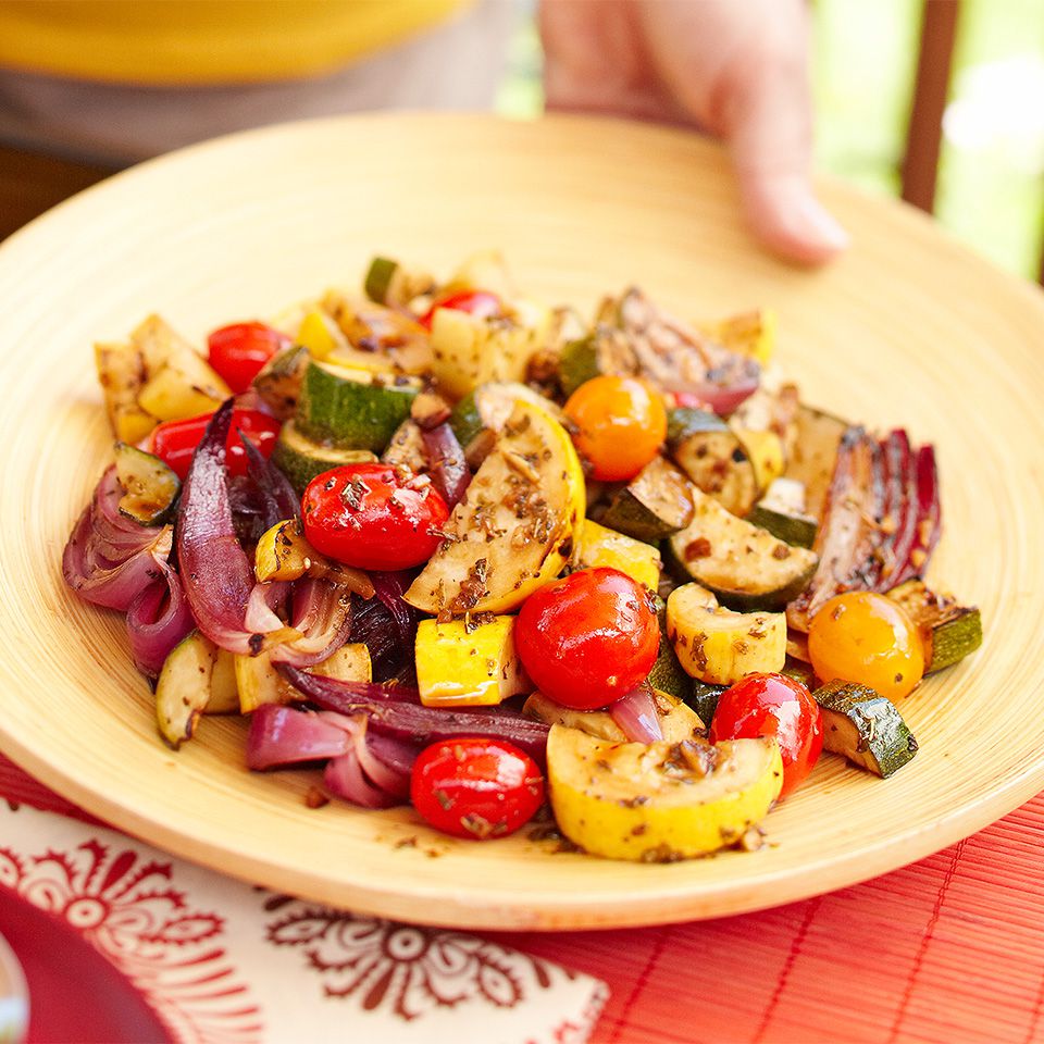 Grilled Summer Squash, Onions, and Tomatoes 