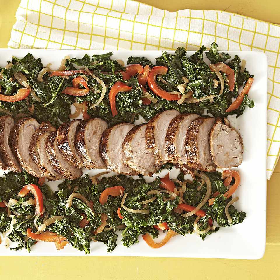 Cocoa Roasted Pork with Wilted Kale 