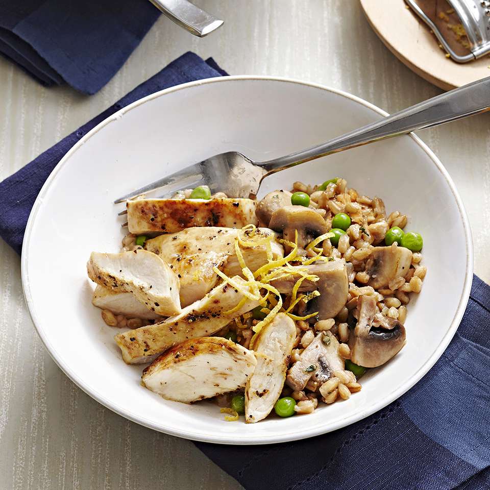 Chicken, Spring Pea and Farro Risotto with Lemon